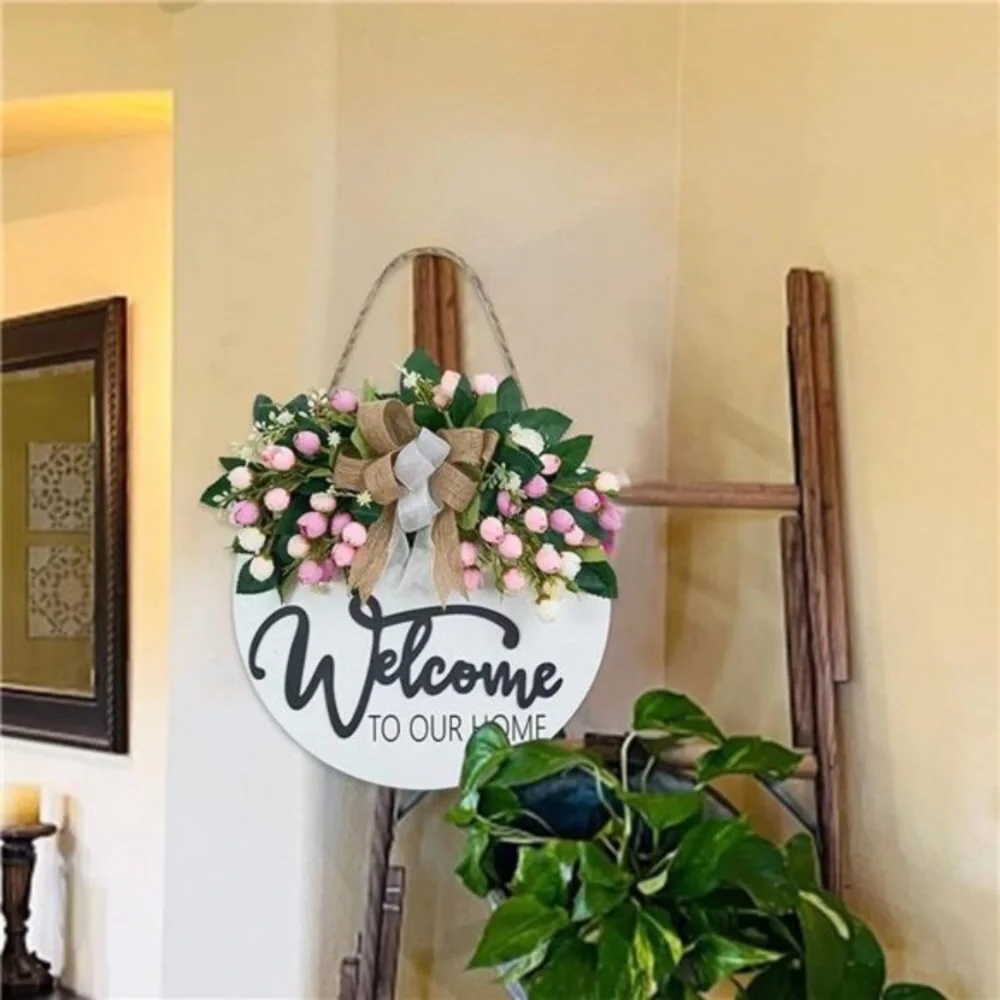 3D Spring Summer Welcome Wreaths for Front Door, Pink Flower Wreath -12